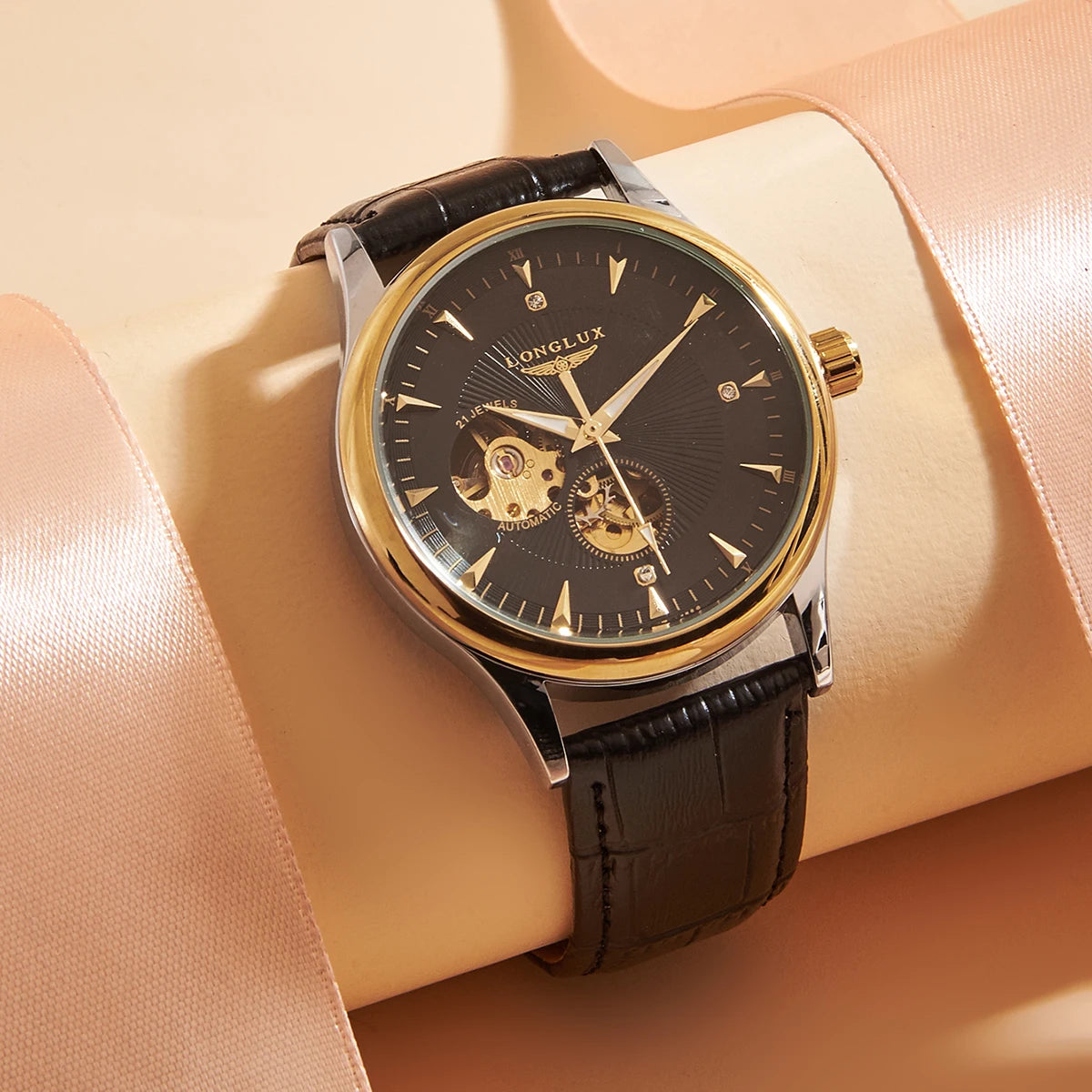 LONGLUX automatic watch elegant style wholesale mechanical wristwatches skeleton rome waterproof mens watch men gift